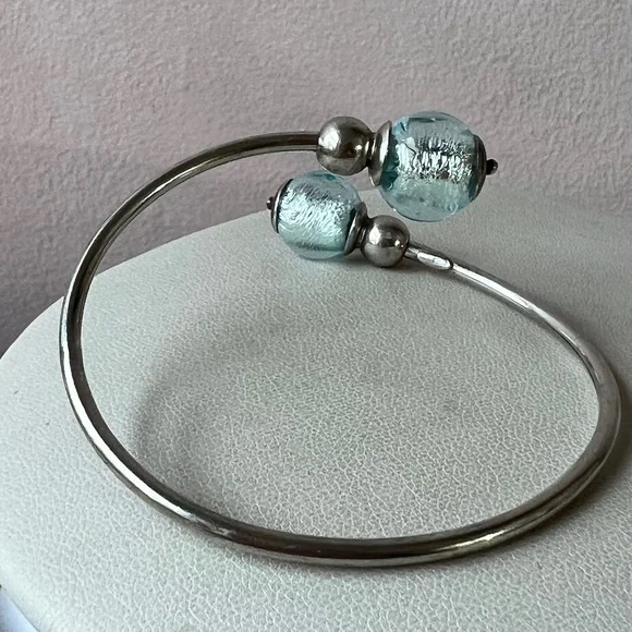 VINTAGE STERLING SILVER COIL WRAP CUFF BRACELET FROSTED AQUA BLUE MURANO GLASS - Picture 10 of 16